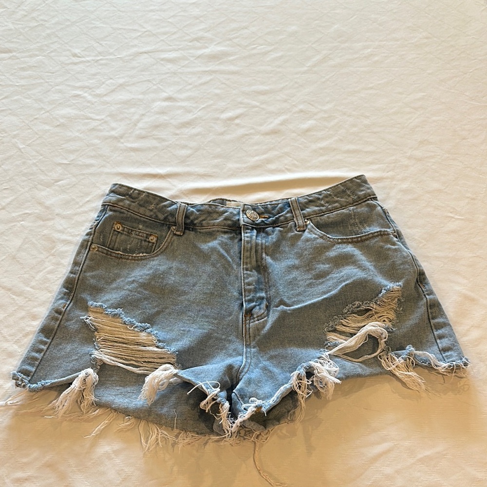 Blue Buttercup high‎ rise Distressed Denim Jean Shorts large EUC